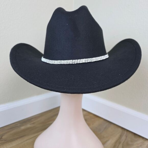 ☔️🩵Black & Rhinestone Band Wide Brim Cowgirl Hat Medium - Picture 4 of 15